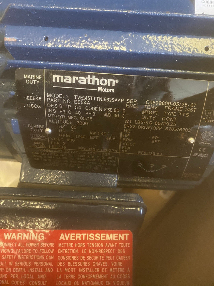 NEW Marathon Motors E654A Severe Duty Motor 2HP 1740RPM 3PH 460V 60HZ 145T Frame