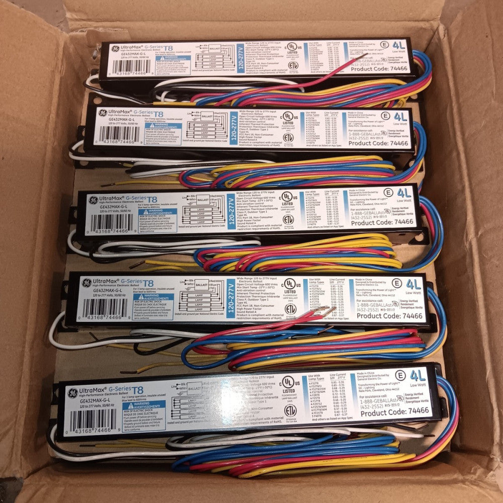 BOX OF 10) NEW GE 3-LAMP T8 ELECTRONIC LIGHTING BALLAST 120-277 VAC GE432MAX-G-L