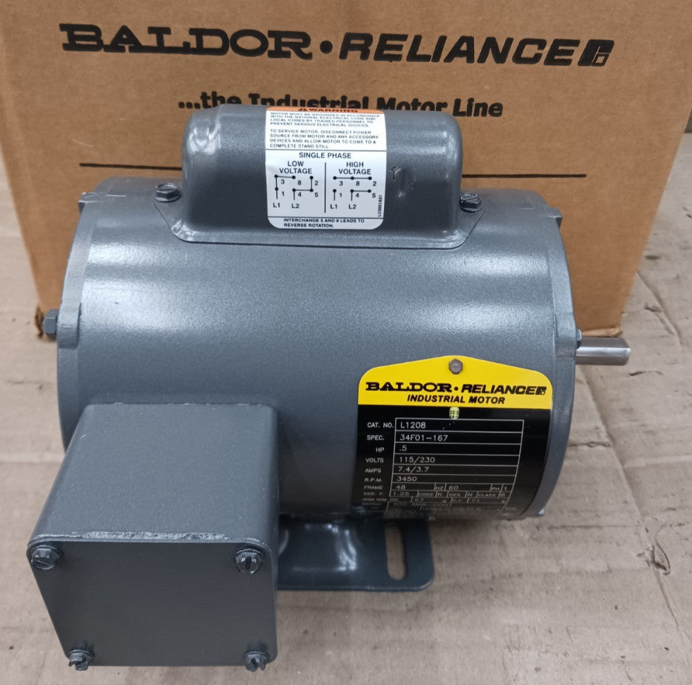 New Baldor .5 HP Ac Electric Motor 115/230 Vac 1 Phase 48 Frame 3450 RPM L1208