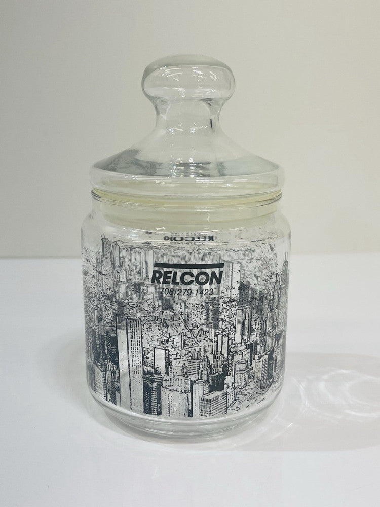 Vintage Relcon Inc. Glass Canister Jar Company Advertising Chicago City Scape