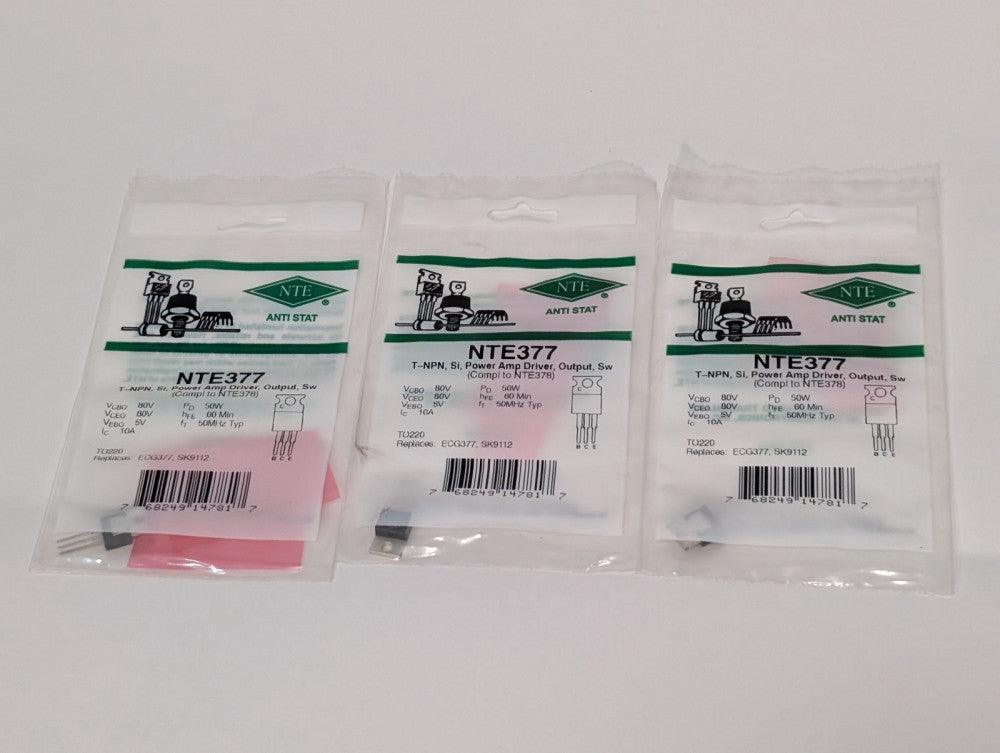 (3) NTE NTE377 T-NPN, Si, Power Amp Driver, Output, Sw, Anti-Stat Transistors
