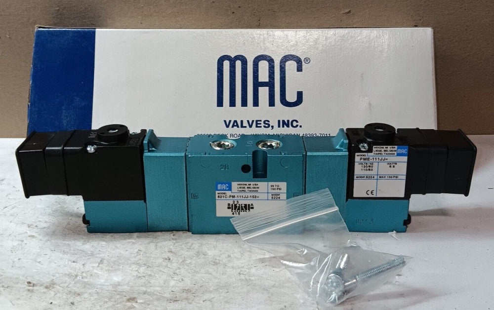 NEW MAC VALVES 821C-PM-111JJ-152 5/2 DOUBLE SOLENOID VALVE 1/4" NPT 120V COIL