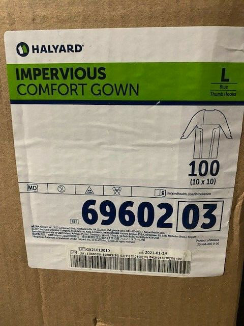 (Case of 100) Halyard Impervious Comfort Gown w/ Knit Cuffs 69602 Blue Large