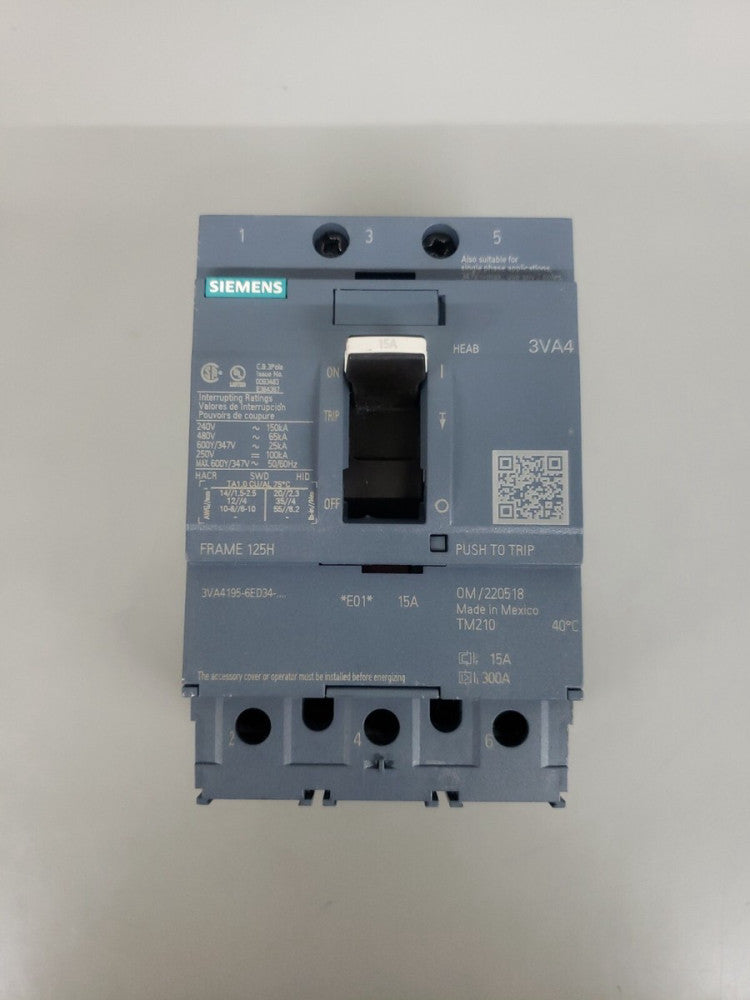1) New no Box! Siemens 3VA4195-6ED34-0AA0 3 Pole 15 Amp Circuit Breaker *H Frame