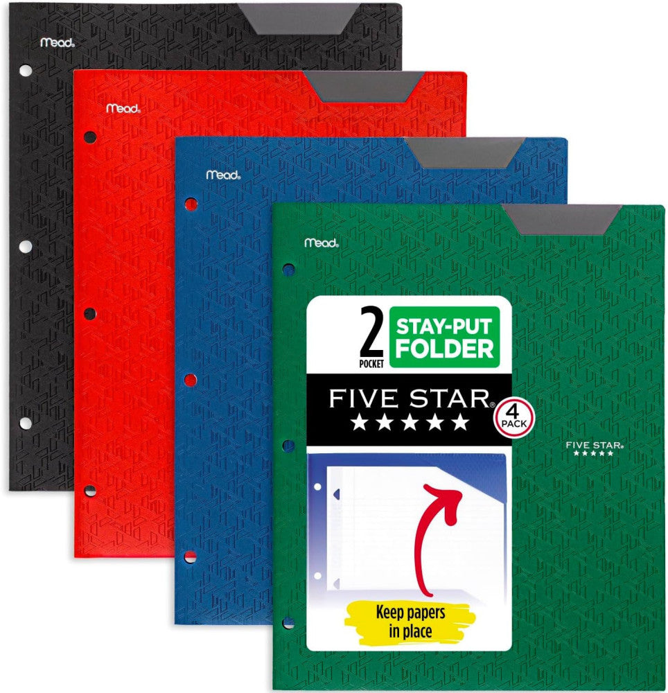 2-Pocket Folder, 4 Pack, Plastic Folder with Stay-Put Tabs and Prong Fasteners, 