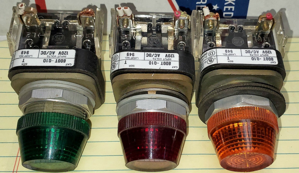 Set Of (3) Allen Bradley 800T-Q10 SER T GREEN, RED, AMBER Pilot Lights [OF31] 