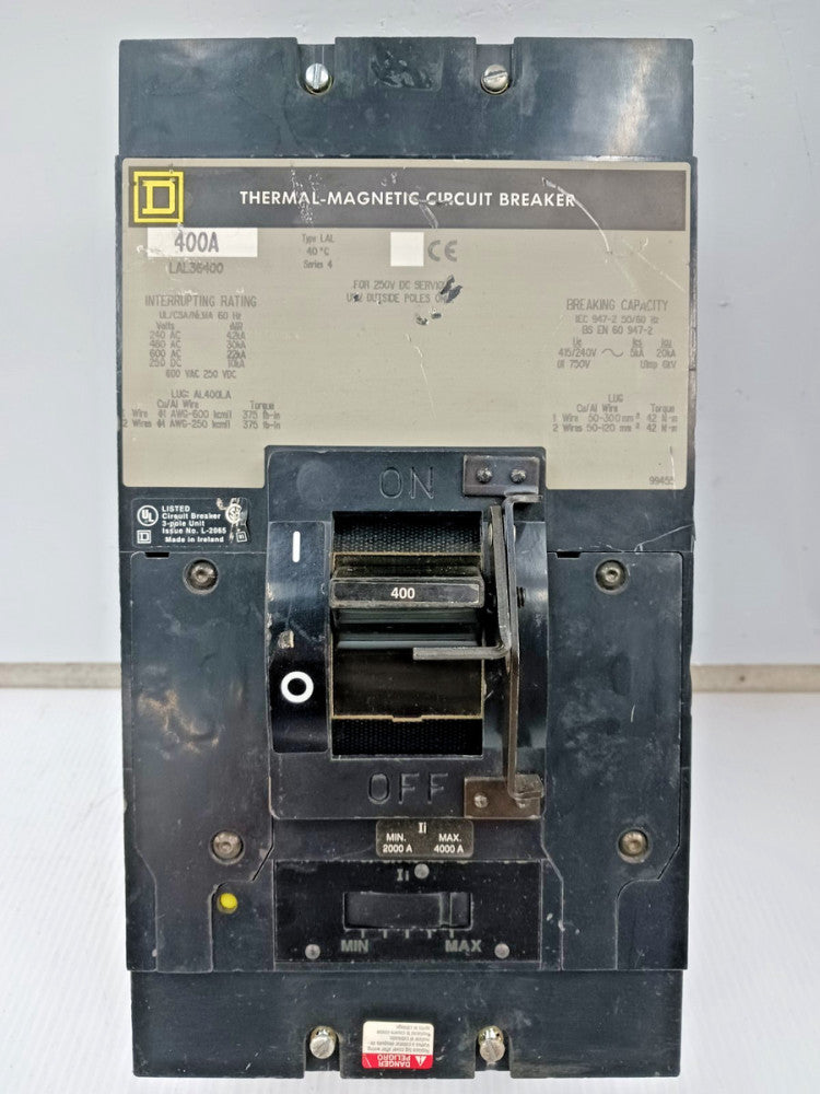 Square D 400 Amp Thermal-Magnetic Circuit Breaker 3 Pole 600 VAC 30kA LAL36400