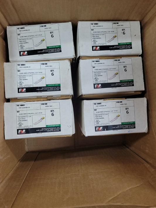 1- NEW F4P CL60048-2H BOX OF 6 TIN PLATED CU LUG TWO HOLES 