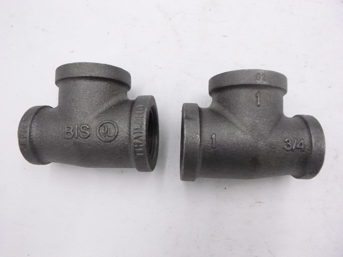 2 Pack BIS 1" x 3/4" x 1" Black Malleable Iron Reducing Tee Fittings