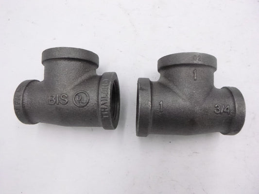 2 Pack BIS 1" x 3/4" x 1" Black Malleable Iron Reducing Tee Fittings