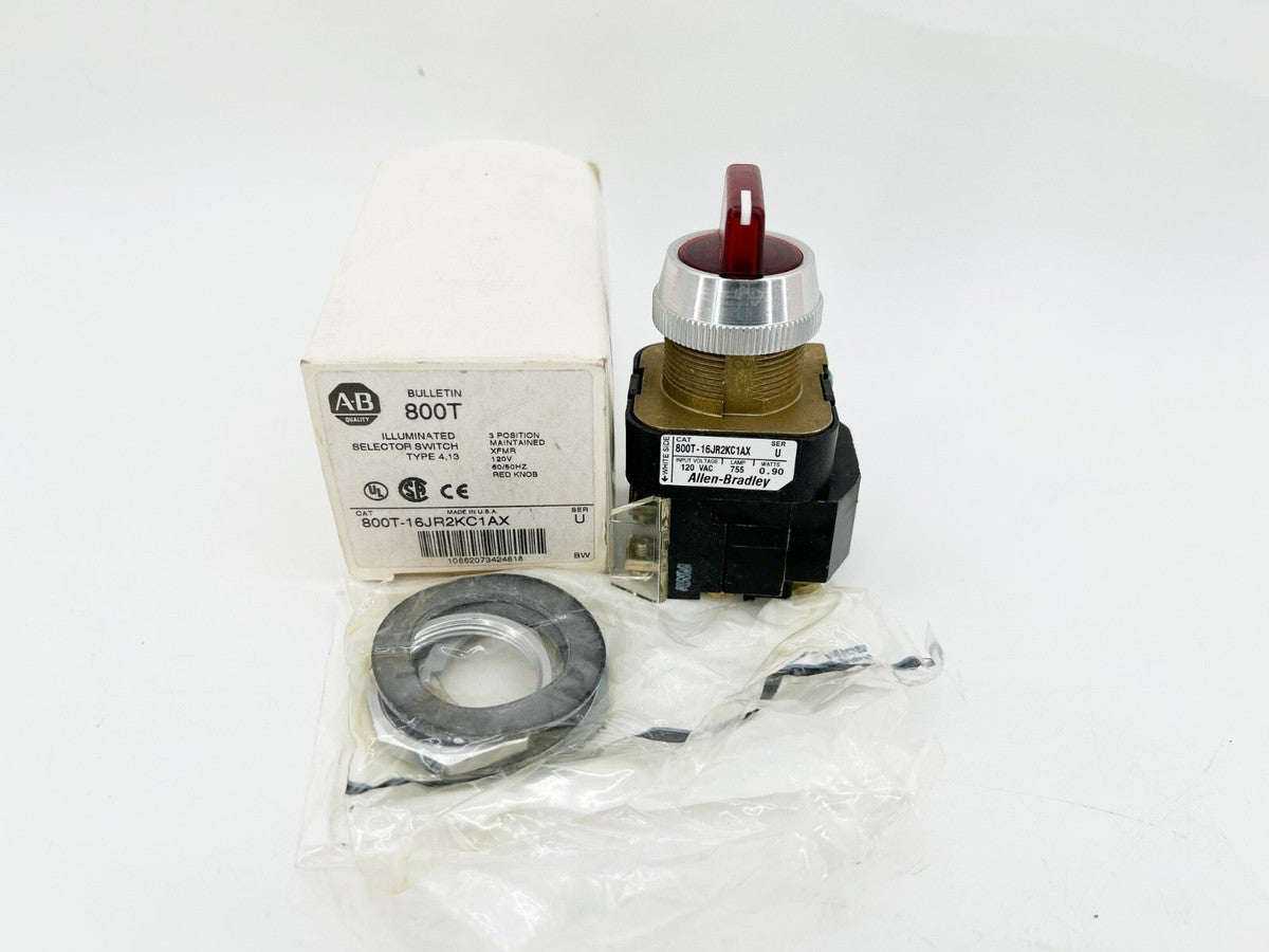 New Allen Bradley 800T-16JR2KC1AX 30MM 3 POS Red 120V Ser.U
