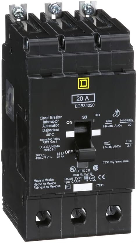 SQUARE D EGB34020 BREAKER BOLT IN 20AMP 3POLE 480Y/277VOLT AC BOLT IN NEW