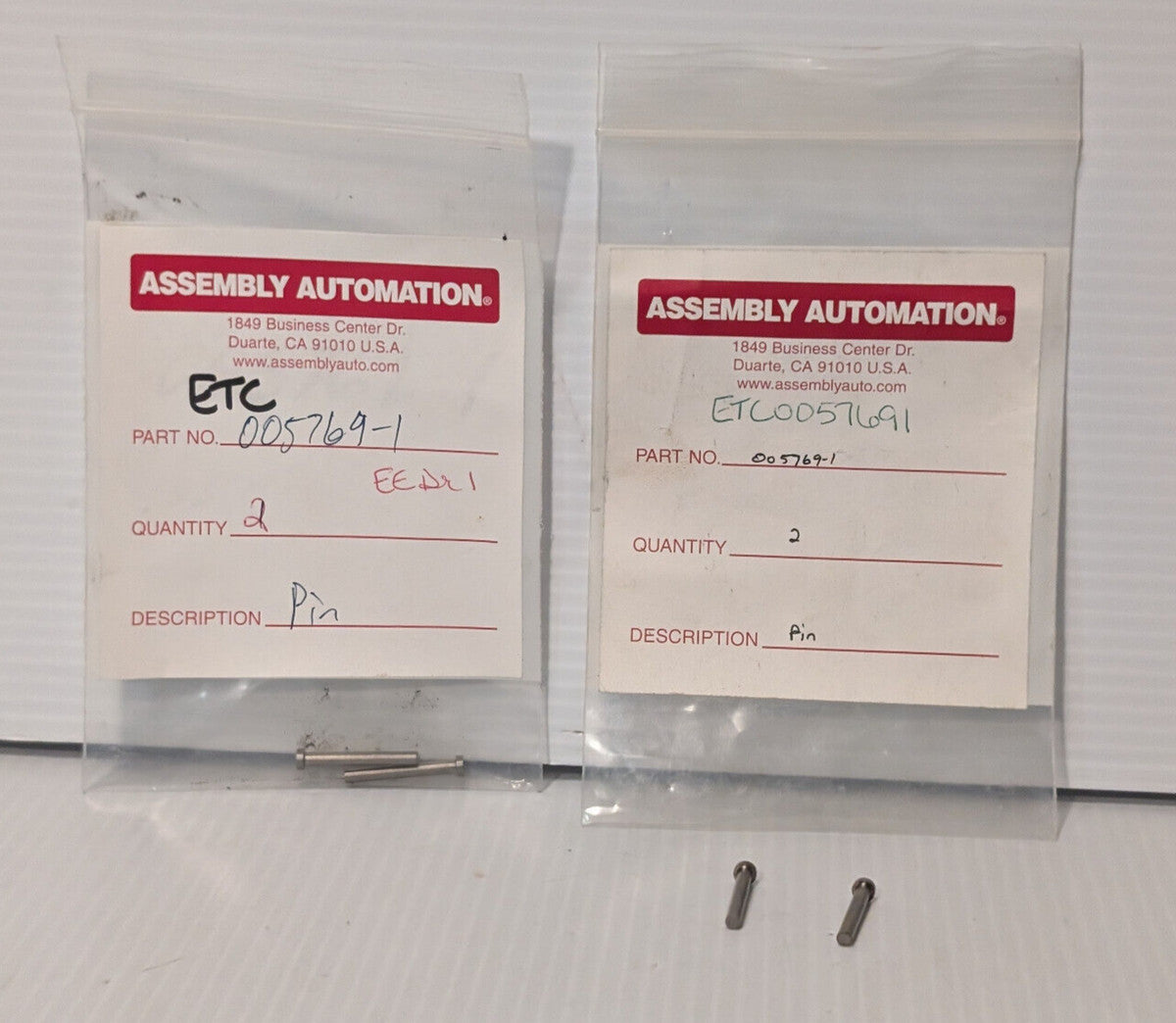 Lot of 2: Assembly Automation 005769-1, 2-pack of pins -Made in USA-