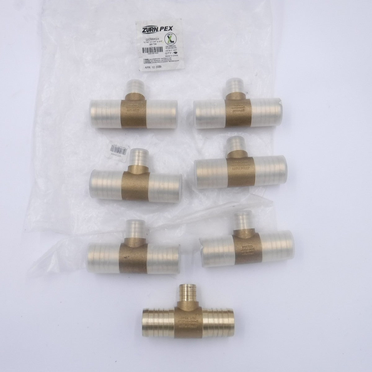 7 Pack Zurn QQT664GX 1-1/4 x 1-1/4 x 3/4" PEX Barb Hose Tees Brass