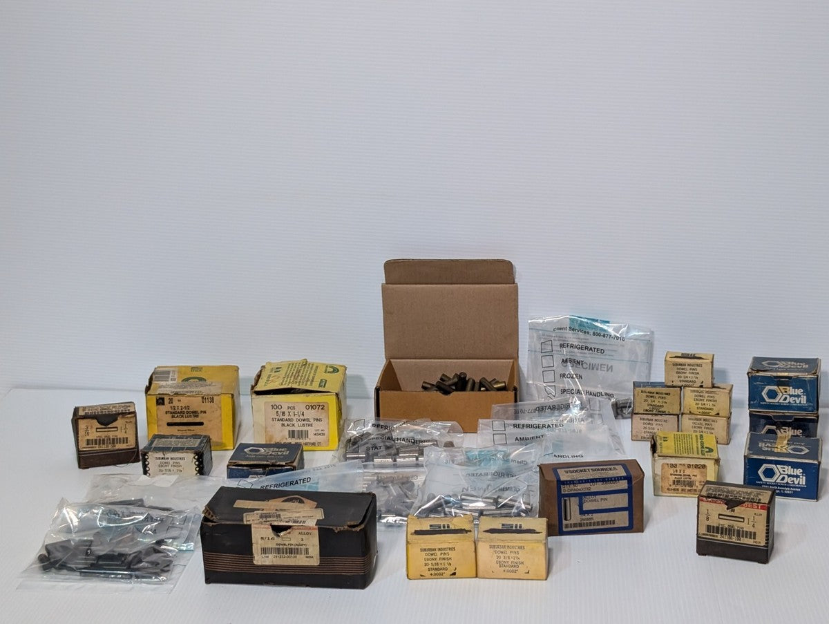 Lot of Assorted Metal Dowel Pins: 5/16, 3/8x1-1/4, 1/4x2, 1/8x2, 7/16x1-1/2, ...