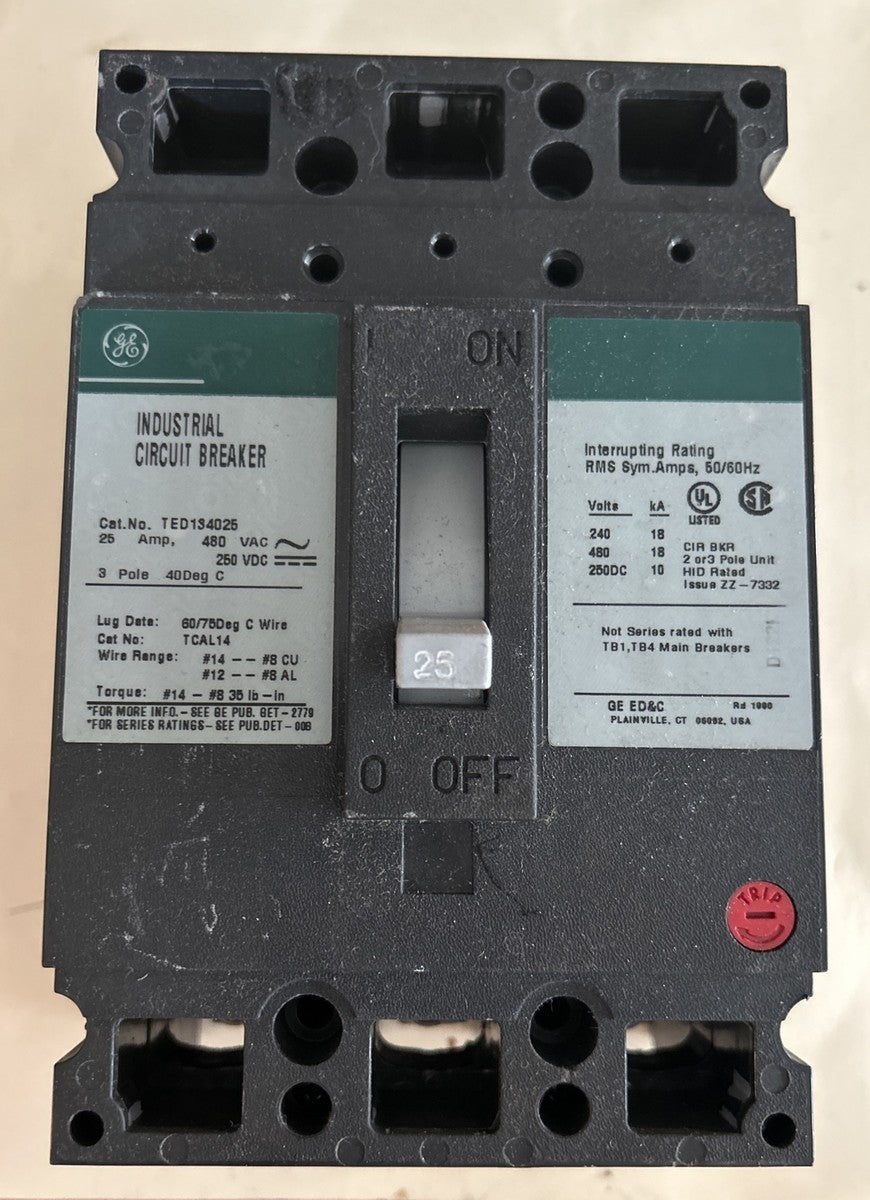 GE TED134025 Industrial Circuit Breaker 25Amp 480VAC 250VDC 3P 40 Degree.  G4