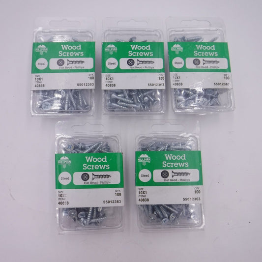 5 Pack (500 Screws) Hillman 1" #10 Steel Flat Head Phillips Screws 40838