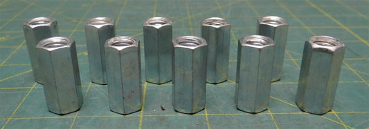 (Qty: 10) Zinc-Plated Steel Hex Coupling Nut 3/8"-16 Thread Size 1-1/8" Length