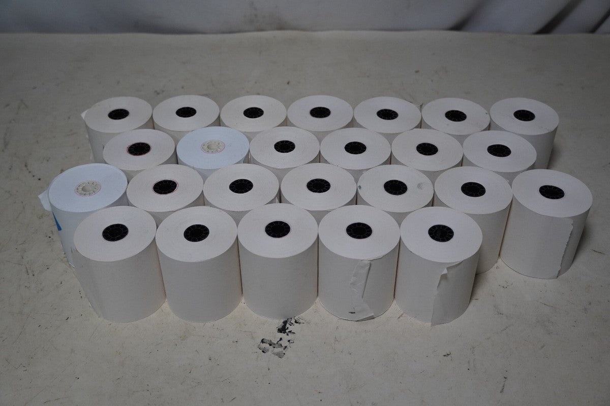 Lot of 25 rolls of receipt paper and 3 Epson ERC-38B black print ribbon