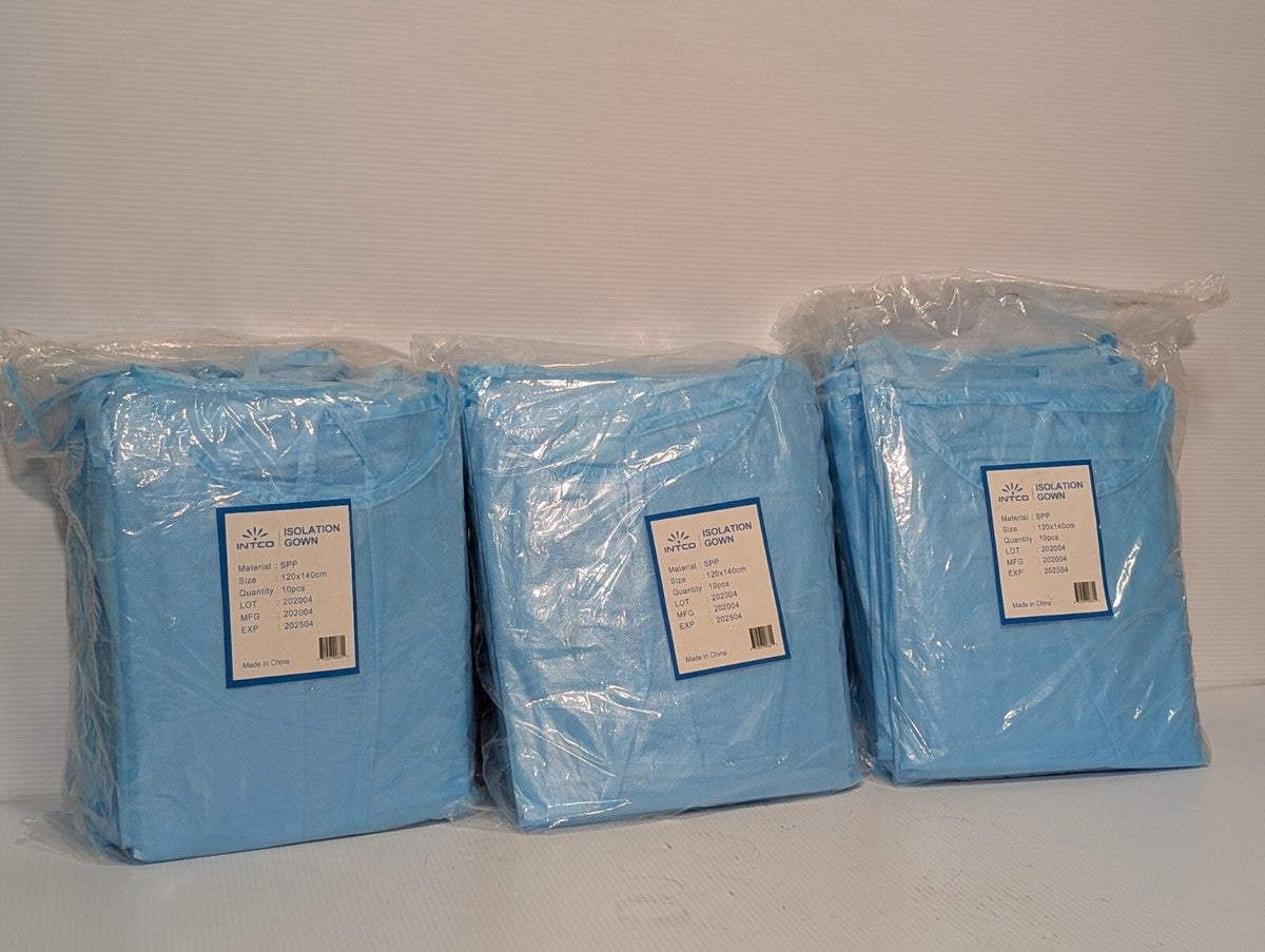 Lot of 30 INTCO SPP Isolation Gown 120x140cm, Blue, Original Packaging, as shown