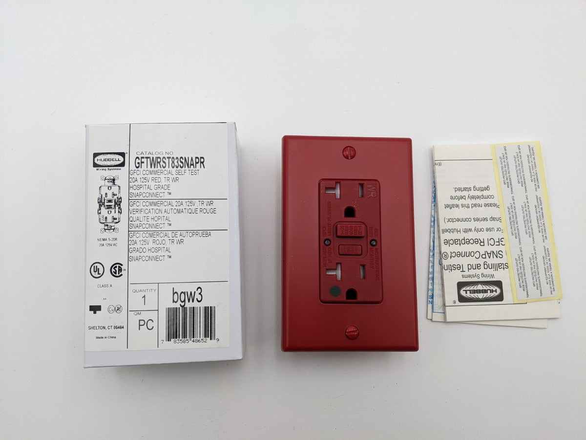 Hubbell GFTWRST83SNAPR Duplet Receptacle Tamper Resistant Red 125V 20A Hospital