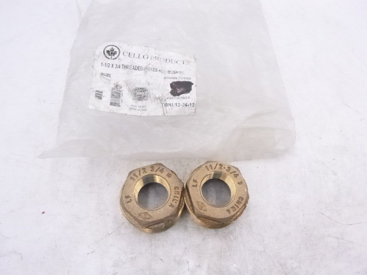 2 Pack 1-1/2" x 3/4" NPT Threaded Hex Bushing  125 Lead Free Brass Pipe TBNL12-2