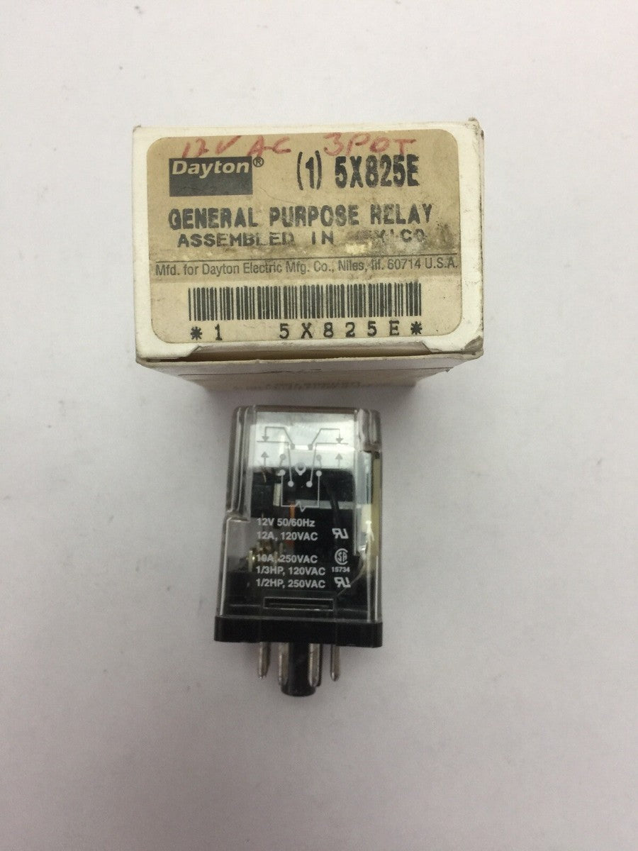 DAYTON 5X825E GENERAL PURPOSE RELAY 12V 50/60HZ 12A 120VAC 10A 250VAC 1/2HP 
