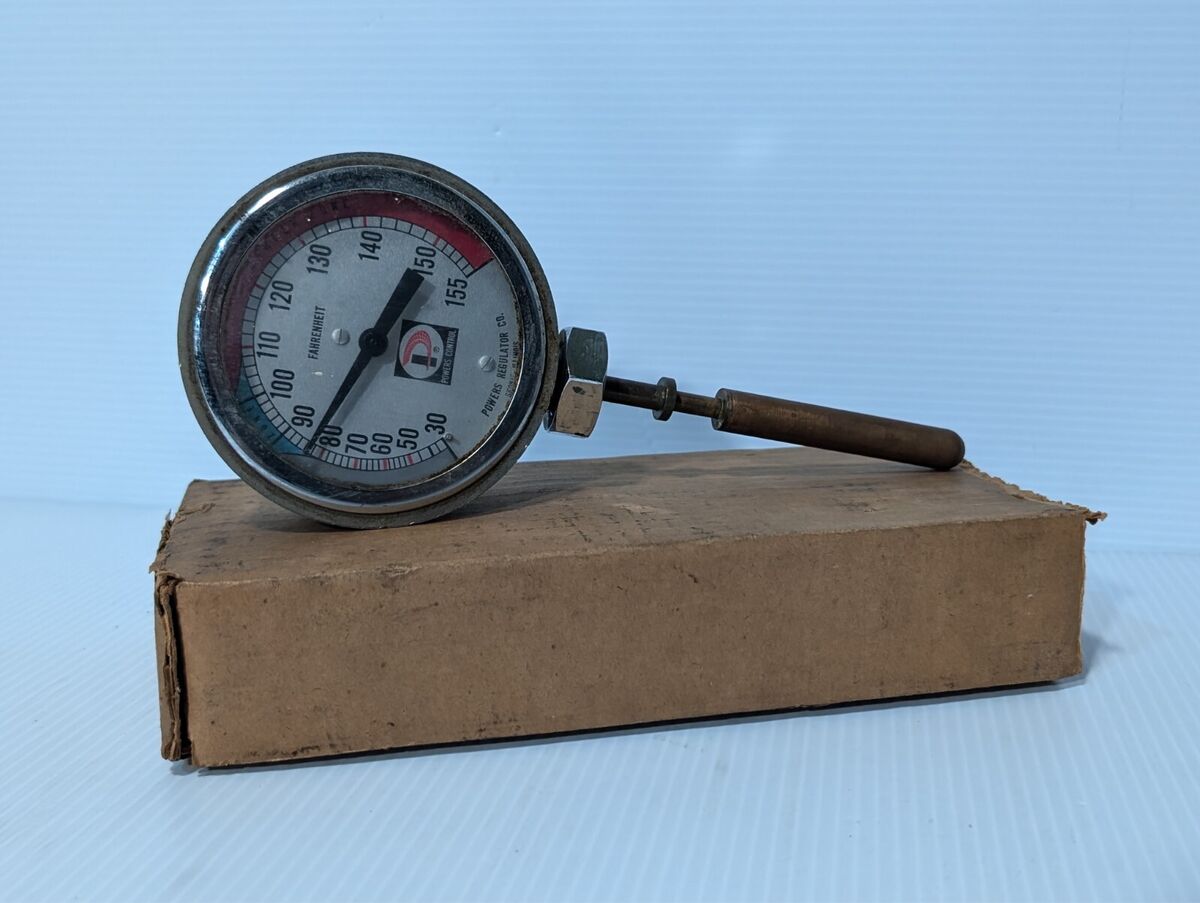 Powers Control analog dial thermometer, 30-155 deg F, 90-100 deg F safe zone