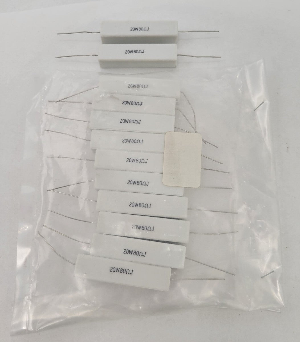 12Pc 017-80 Wire Wound Resistor 80-Ohm 20 Watts 10% Axial Lead Ceramic Cement
