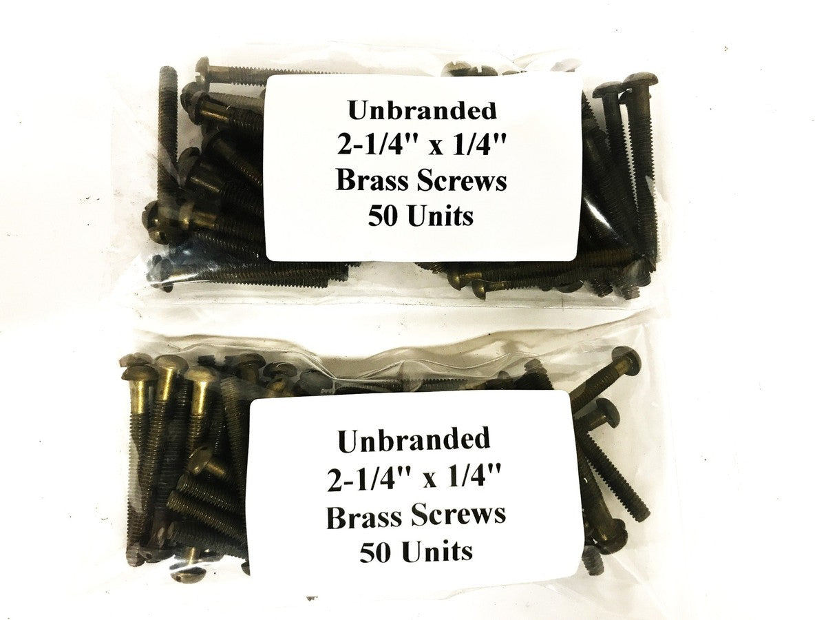 Unbranded 2-1/4 inch x 1/4 inch Brass Round Head Slotted Screw [Lot of 100] NOS