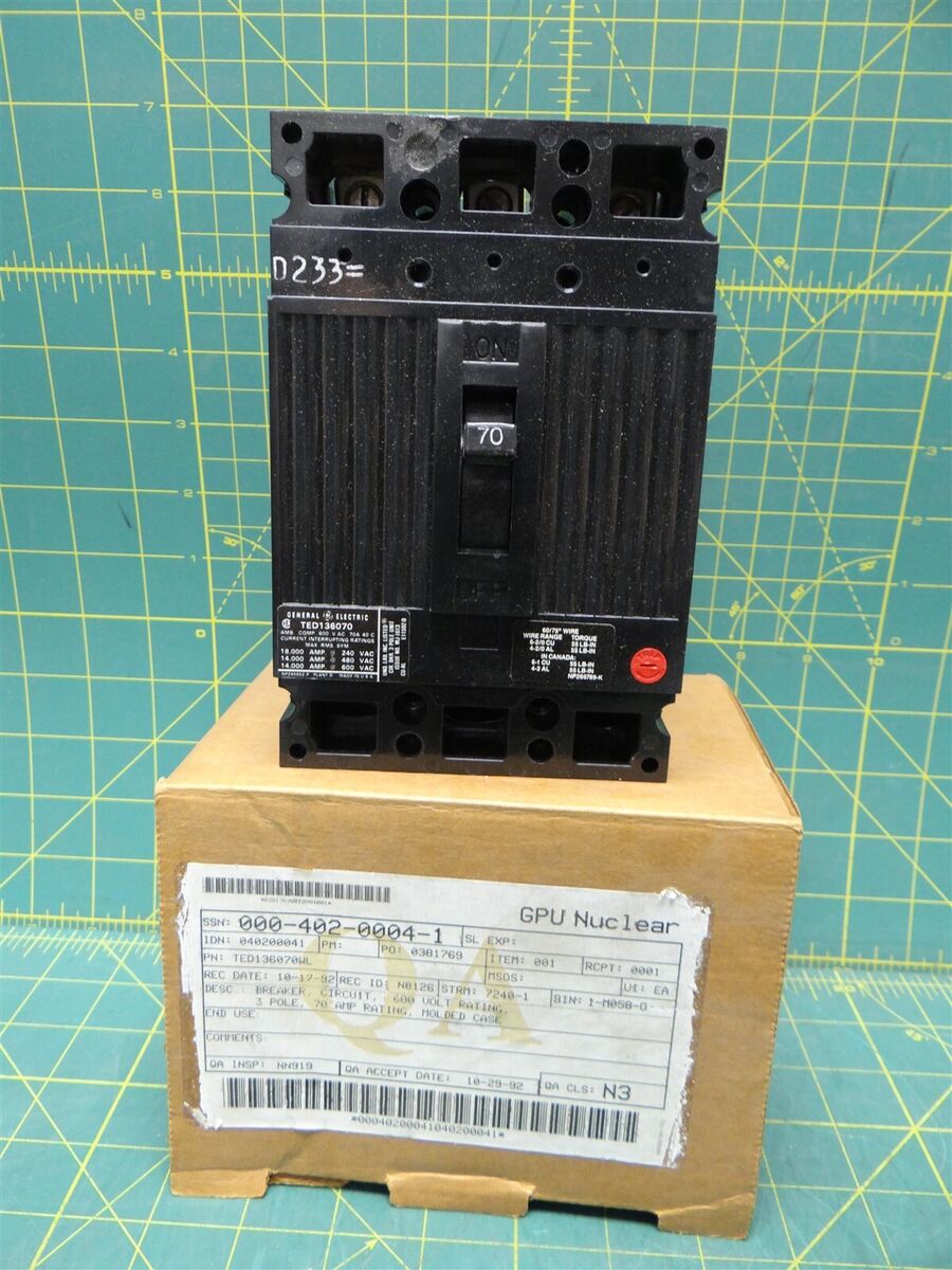 GE TED136070WL 70A 3 Pole 600 Volt Molded Case Thermal Magnetic Circuit Breaker