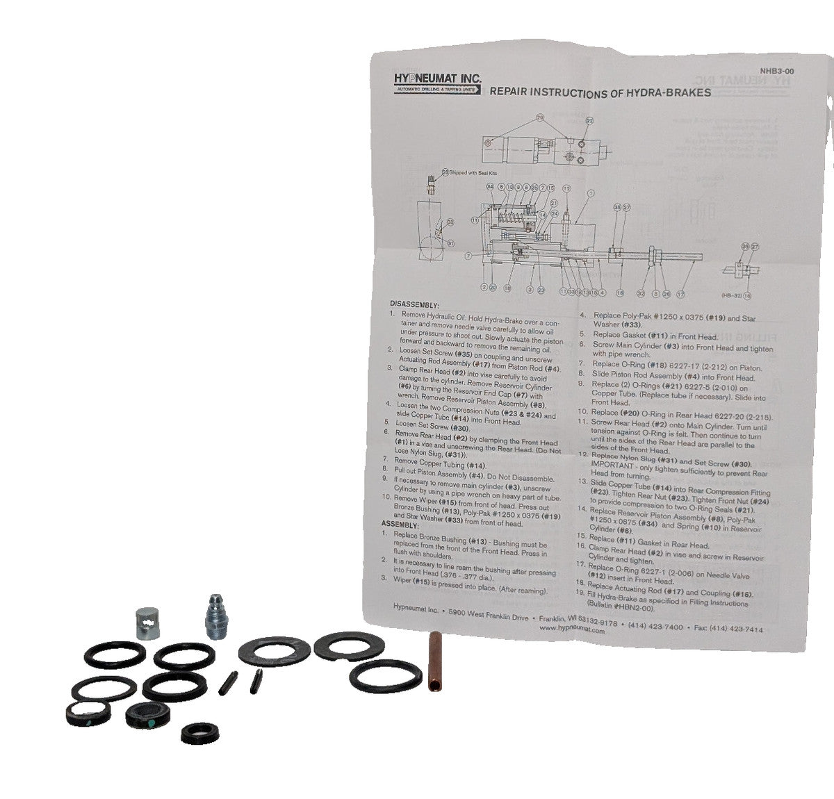 Hypneumat RK-HB-3 Hydra-Brake Repair, Rebuild Seal Kit, Instructions, RKHB3
