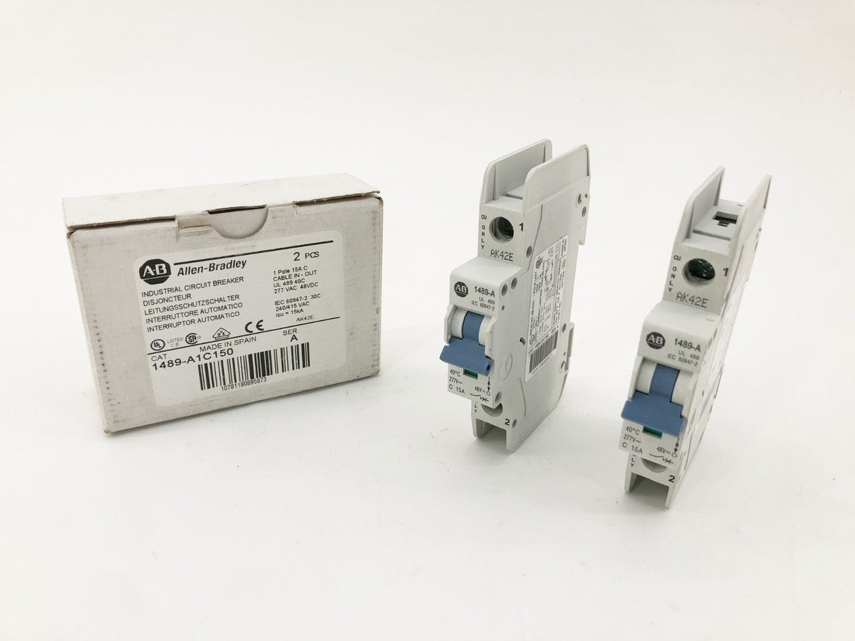 Box of 2 New Allen-Bradley 1489-A1C150 Circuit Breakers 1P 15A 277VAC 48VDC