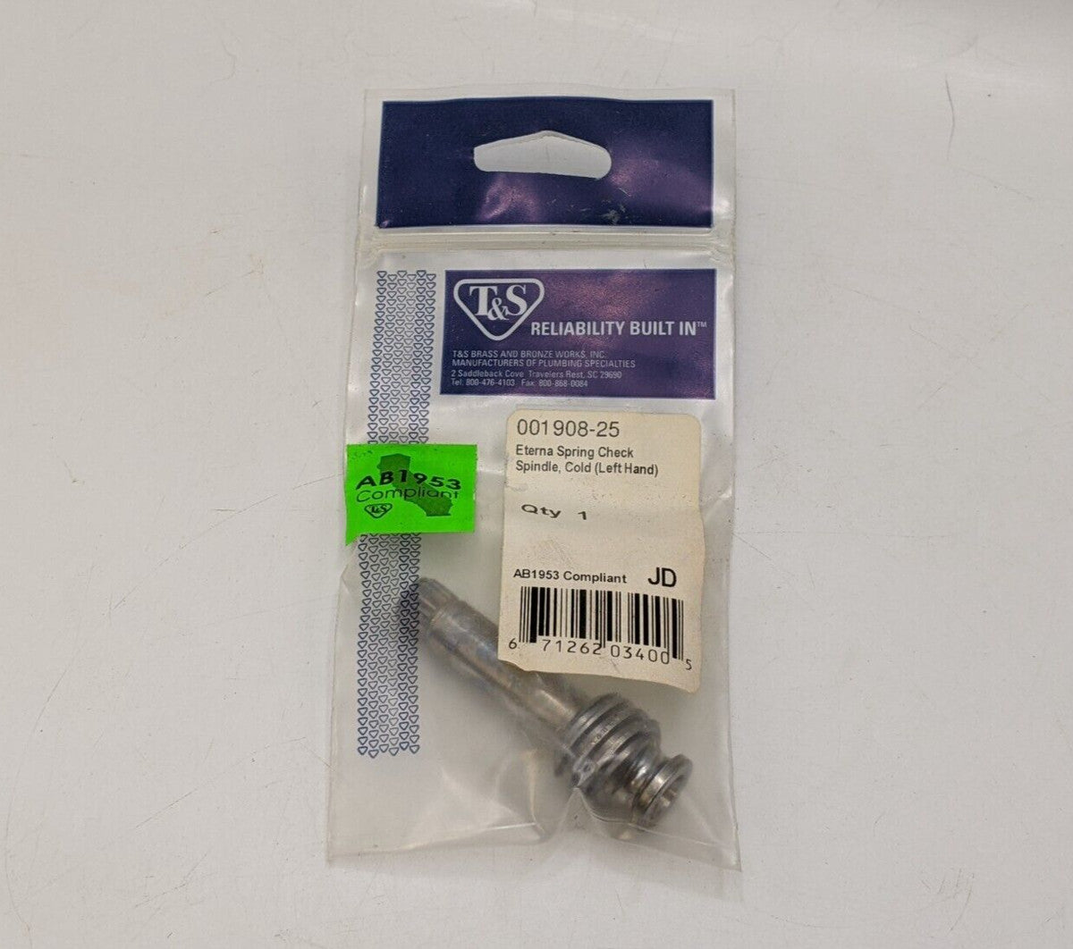 TS 001908-25 Eterna Cartridge Spindle Spring Check for Left Hand Cold Handles