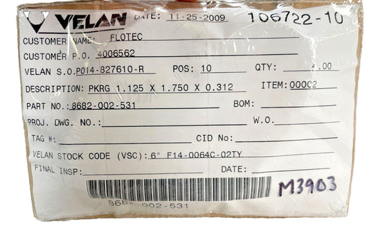 (4) VELAN 8682-002-531, PKRG 1.125 x 1.750 x 0.312, STK CODE 6" F14-0064C-02TY