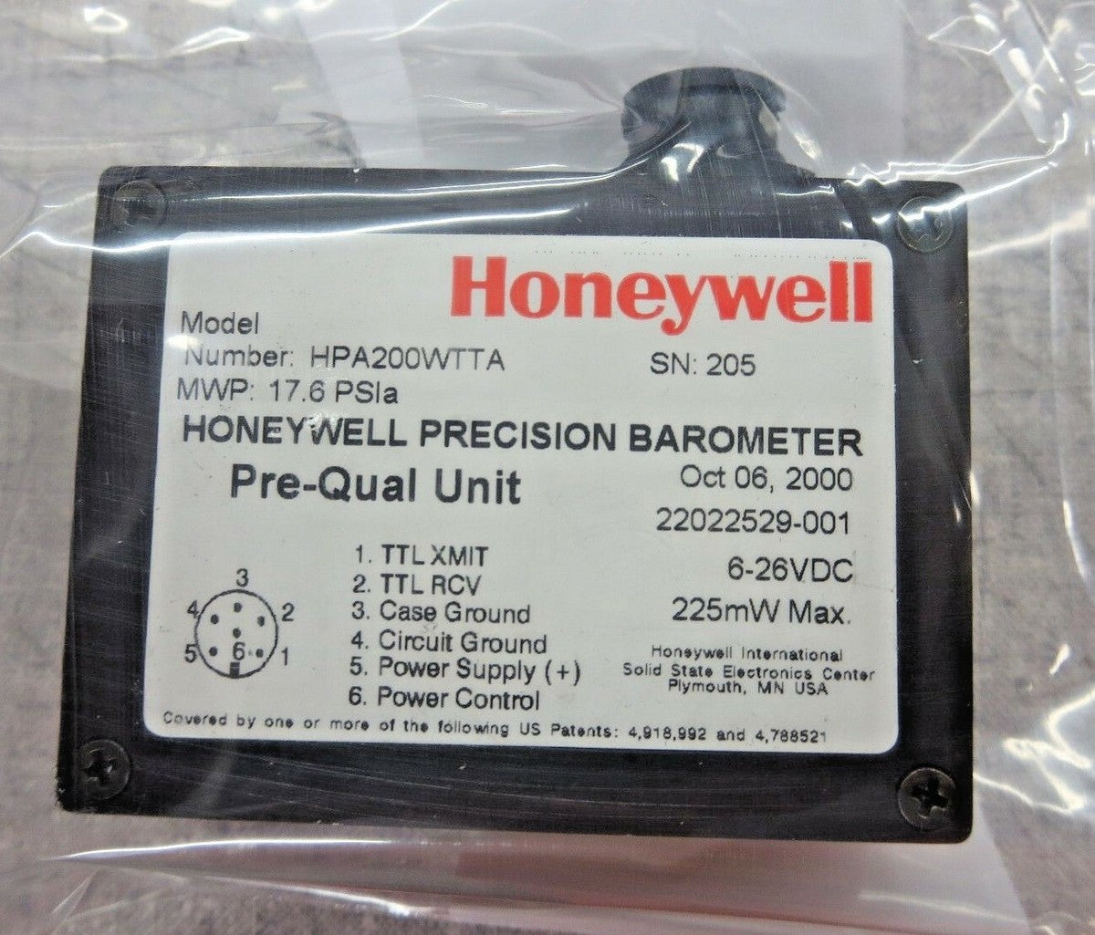 Honeywell HPA200WTTA, 22022529-001 Pre-Qual Precision Barometer (17.6 PSIa) NEW