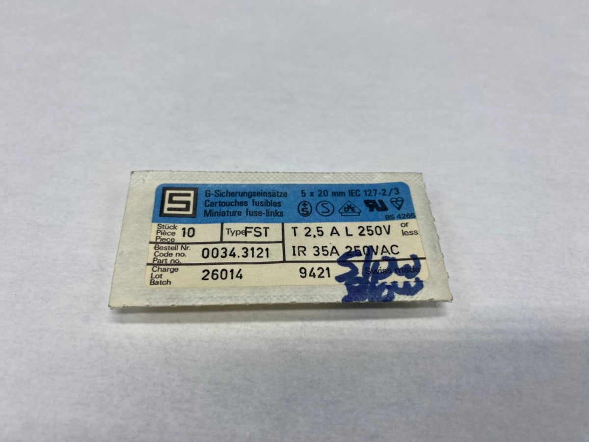 Schurter  glass fuse, qty 10 bulk lot 0034.3121, 5x20mm, 2.5A/250v time delay