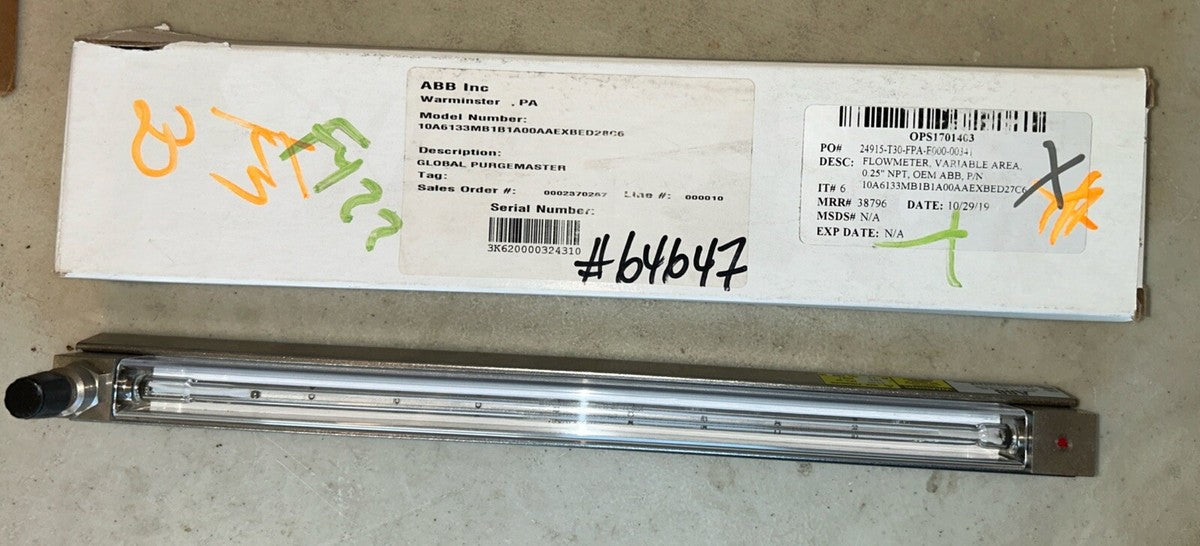 ABB FLOWMETER VARIABLE AREA 10a6133mb1b1a00aaexbed28c6. 0.25” NPT, OEM ABB.   Q2