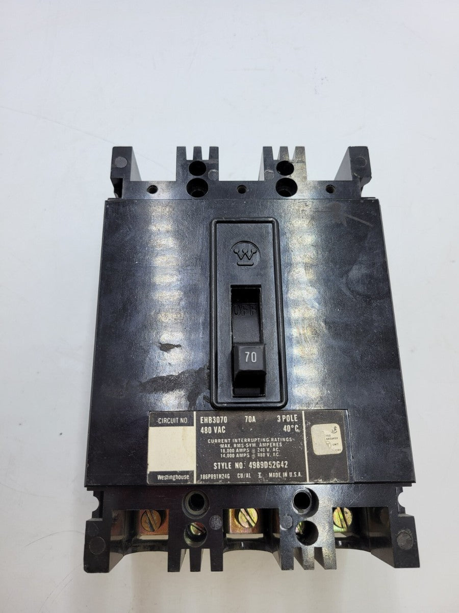 Westinghouse EHB3070 Circuit Breaker 70A 3P 480V 3PH EHB-3070 70 Amp 3 Pole
