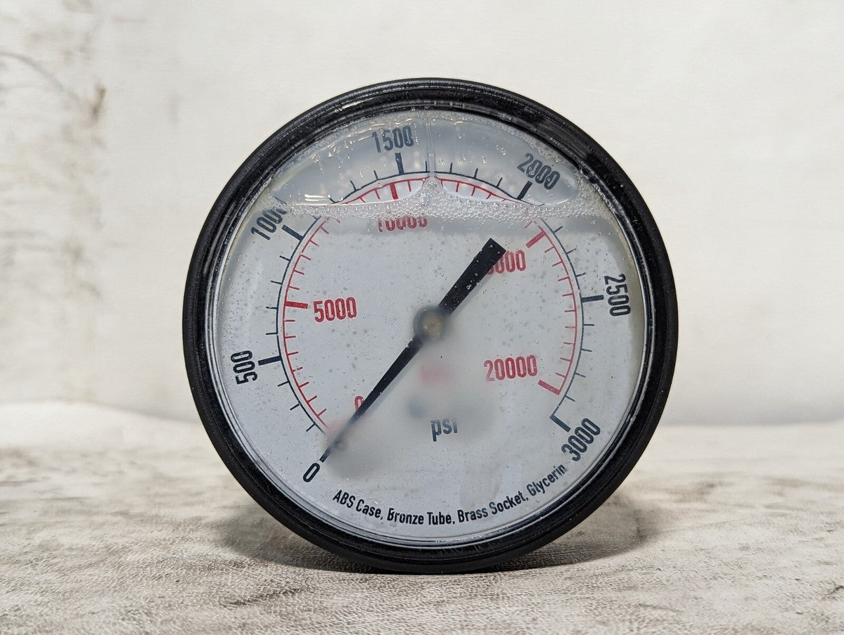 4FLP2 pressure gauge, 3.5 in, 0-3000PSI, ABS case, bronze tube, brass connection