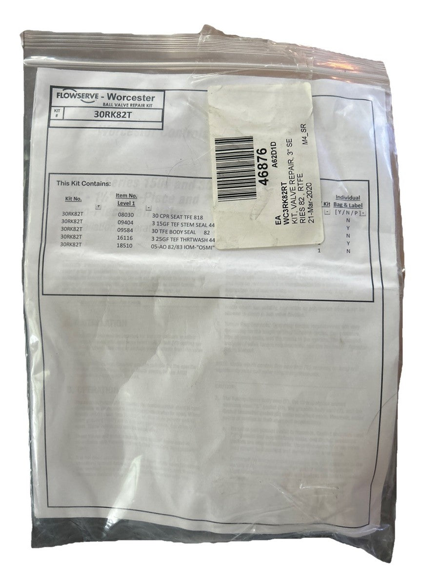 FLOWSERVE WORCESTER 30RK82T BALL VALVE REPAIR KIT. NEW! FREE SHIPPING!       E7