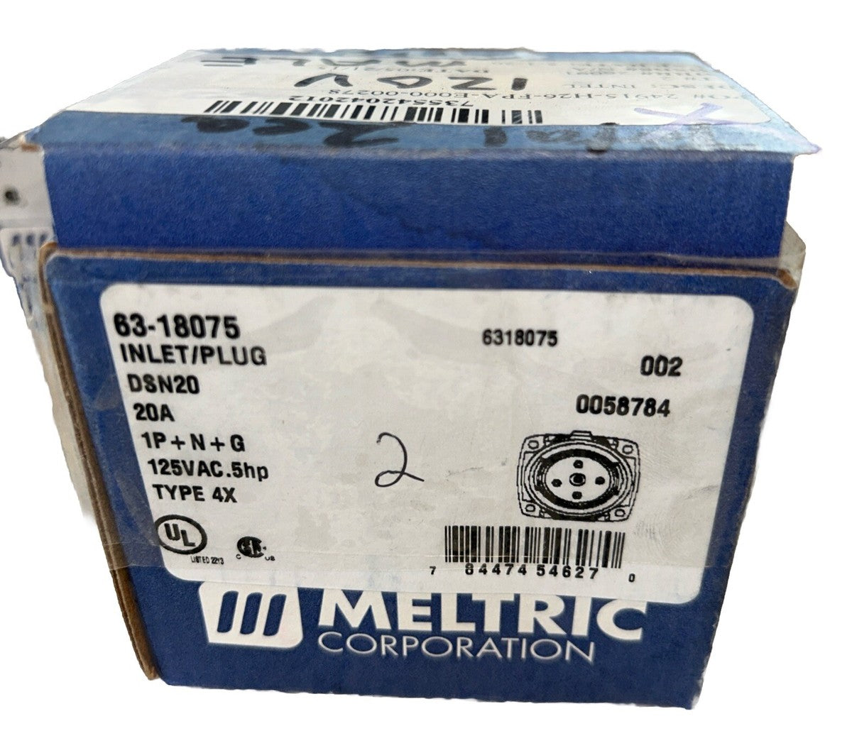 NEW! MELTRIC 63-18075 INLET/PLUG DSN20 20AMP 1P+N+G 125V .5HP  TYPE 4X.    A1