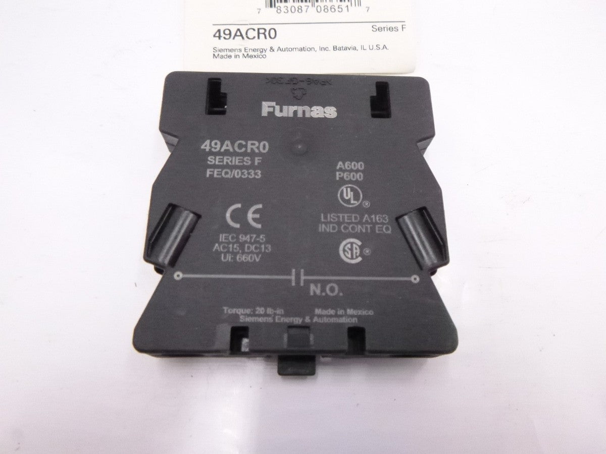Siemens Furnas 49ACR0 Auxiliary Contact 600VAC 25 to 60A 1NO Contacts