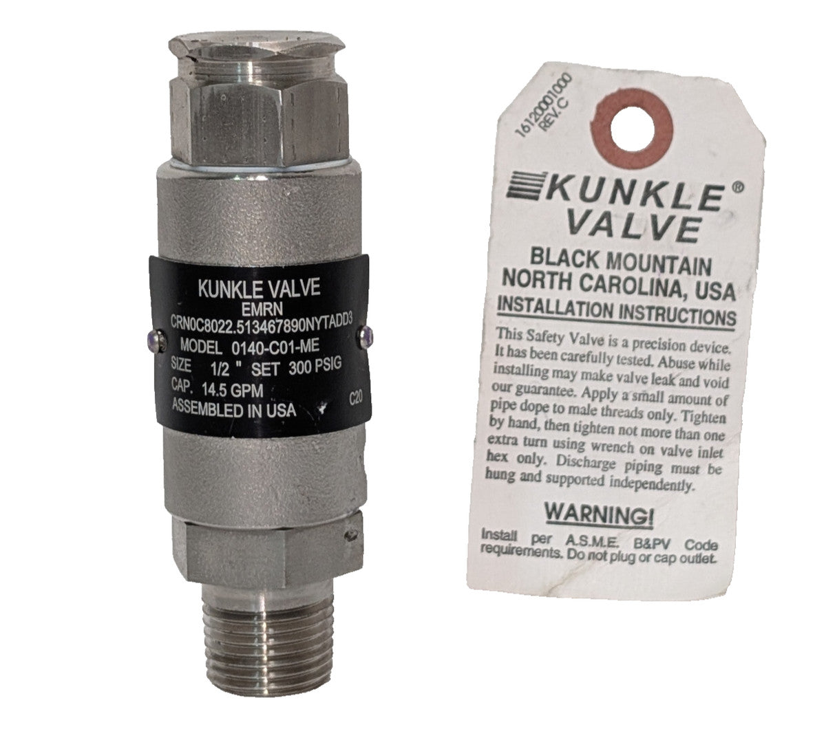 Kunkle EMRN 0140-C01-ME Relief Valve 1/2" Set 300PSIG, Cap. 14.5GPM, Made in USA