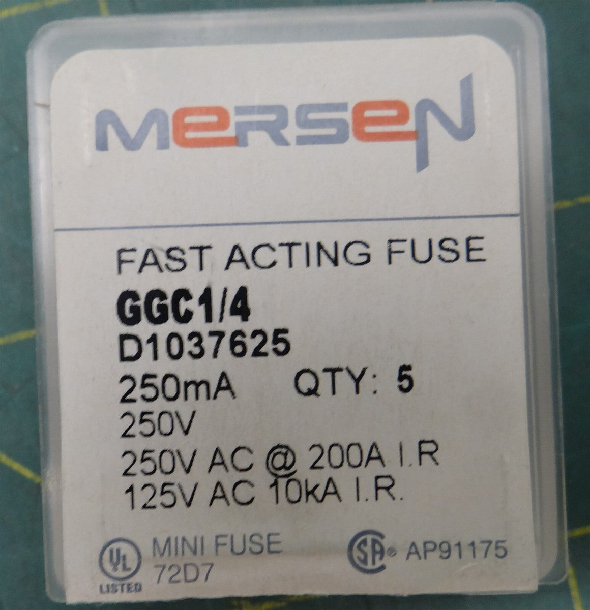 (5 pk) Mersen Fast Acting Fuse GGC1/4 D1037625 250V 250mA 250V AC@ 200A IR Mini