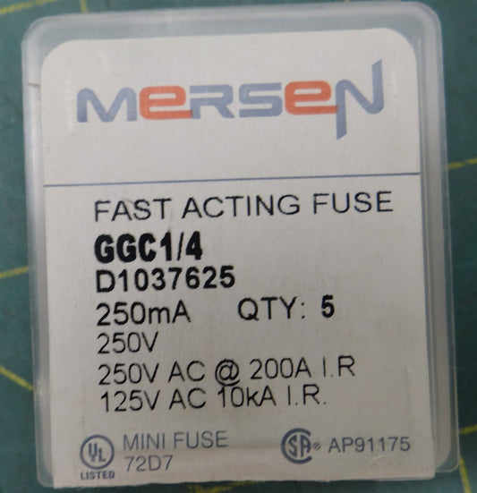 (5 pk) Mersen Fast Acting Fuse GGC1/4 D1037625 250V 250mA 250V AC@ 200A IR Mini