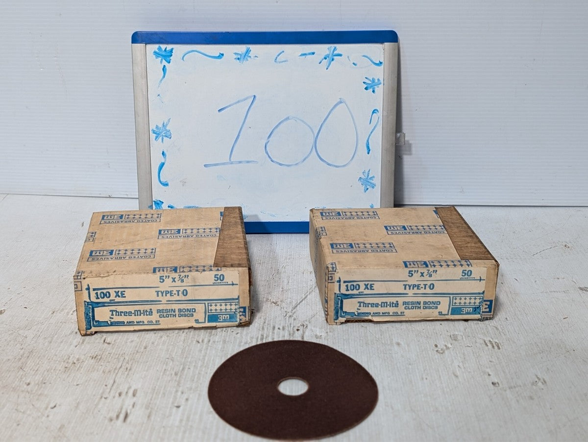 Lot of 100 Three-M-ite 100 XE Resin Bond Cloth Discs, 5"x7/8"