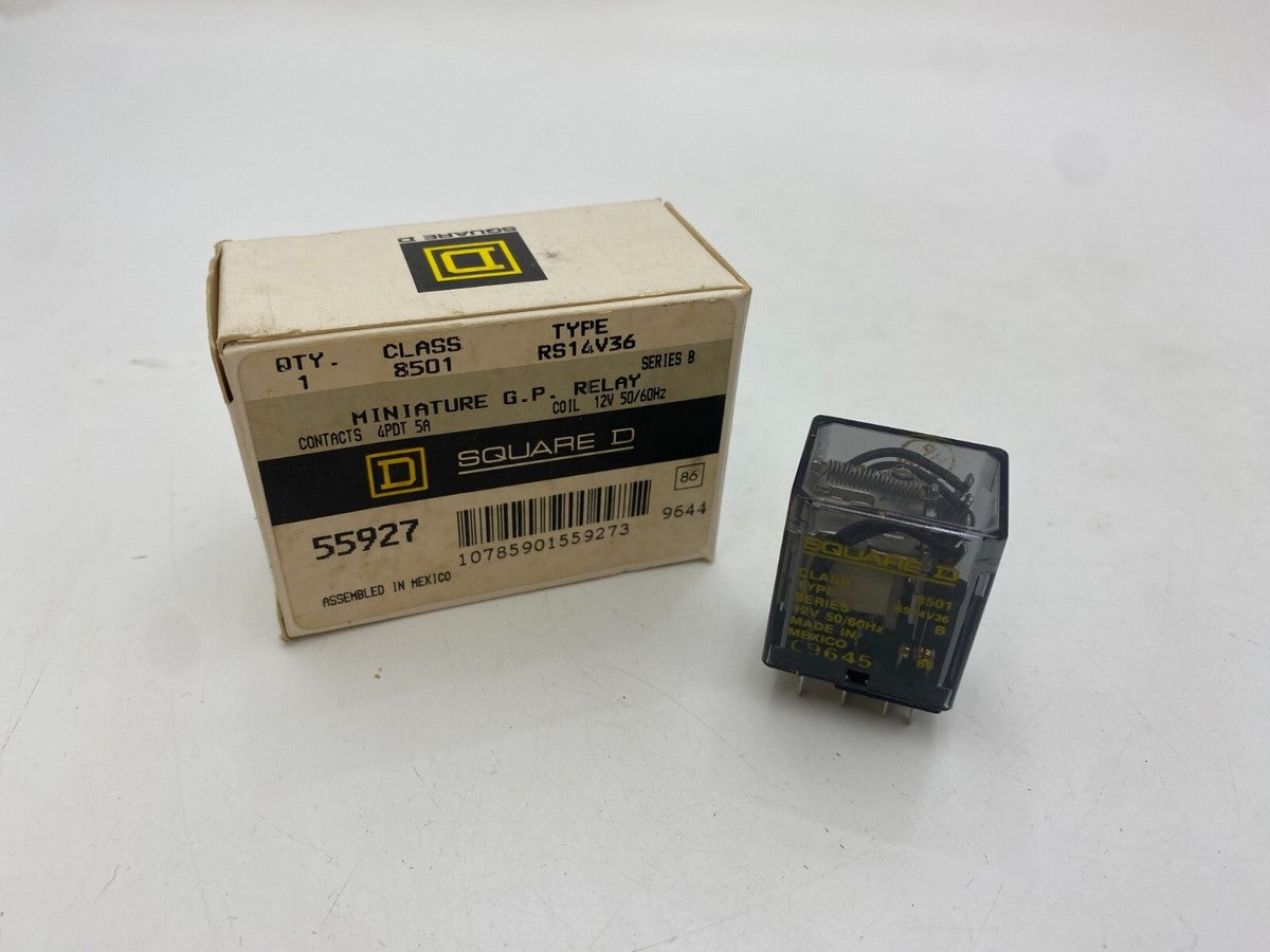 Square D 8501 RS14V36 Miniature GP Relay 5 Amp Coil 12 Volt 50/60Hz 4PDT 14 Pin