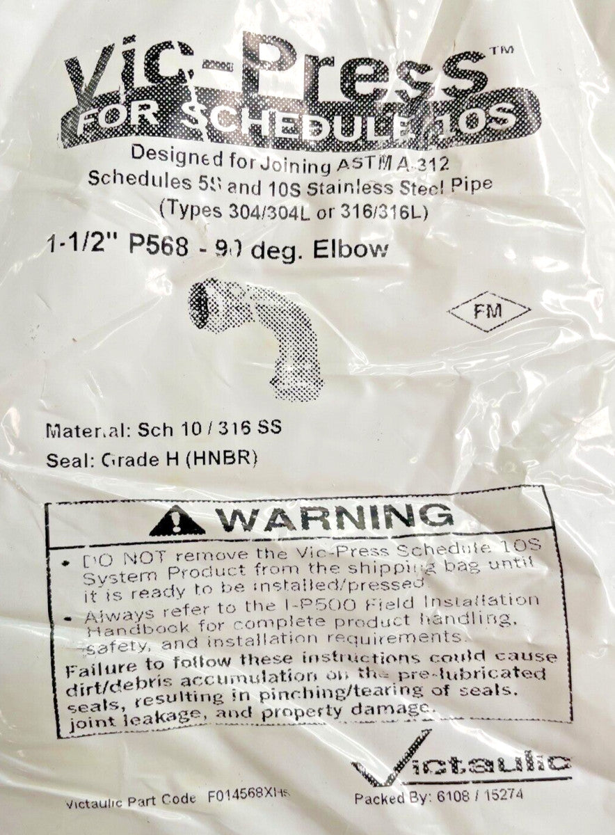 Victaulic P568 Vic-Press 1-1/2" Press Stainless Steel 90-Degree Elbow HNBR Seal