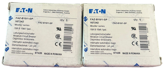 *QTY 2* Eaton FAZ-B10/1-SP Circuit Breaker, 230/400VAC; Inom: 10A; Poles: 1. C10